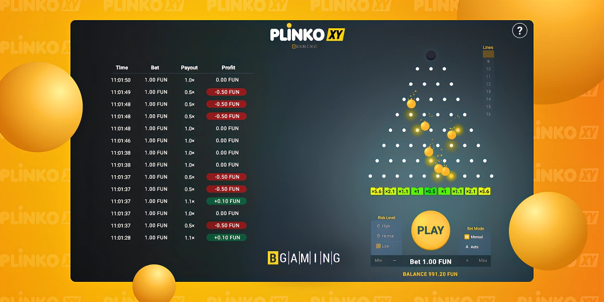 Modo de demonstração do Plinko XY