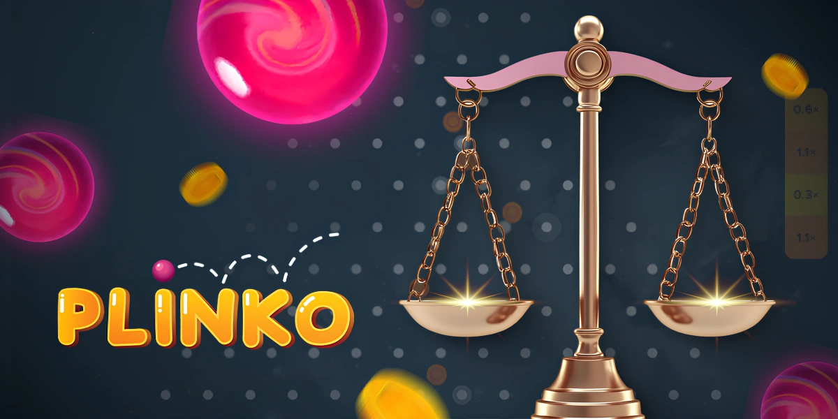 Bolas Plinko e balança dourada simbolizando o jogo responsável num fundo de tabuleiro de jogo